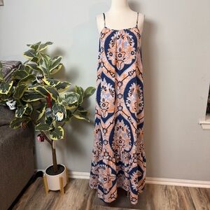DOKOTOO Bohemian Maxi Dress with Blue and Orange Pattern ~ Medium